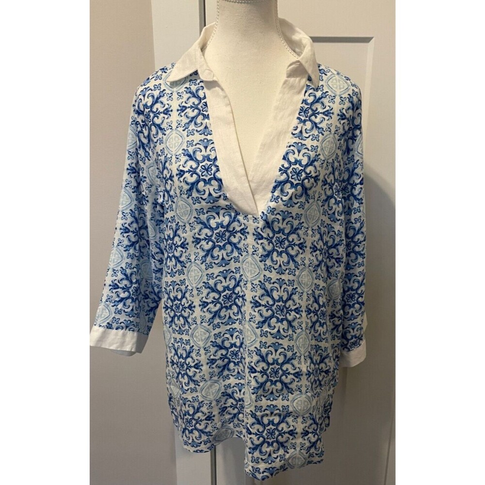 ISAAC MIZRAHI Womens TOP 3/4 Sleeve BLUE White Linen FLORAL Size M  NWT
